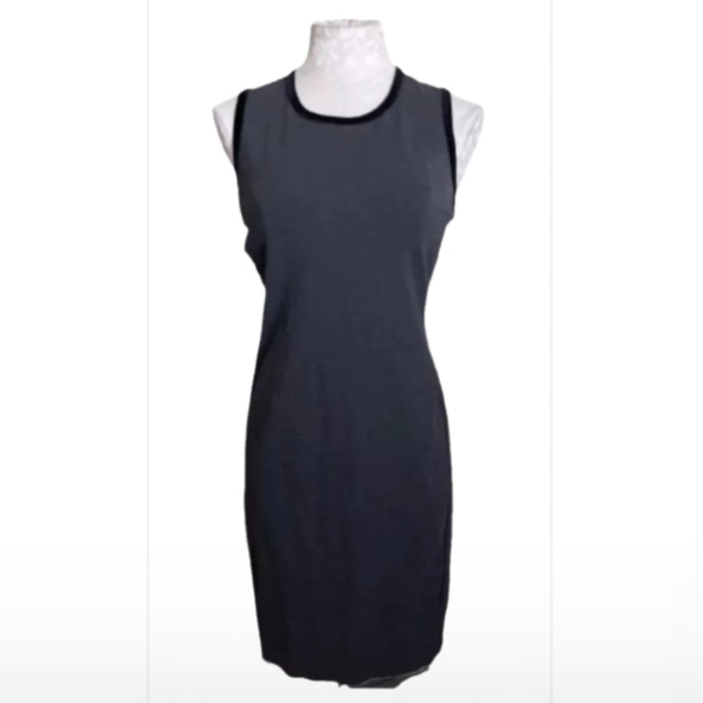 Lauren Ralph Lauren Sleeveless Grey Midi Sheath Dress Black Velvet Trim